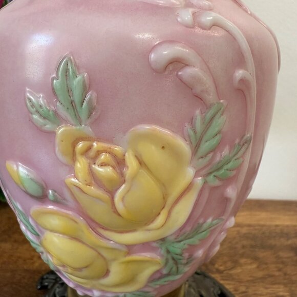 Vintage Pink Milk Glass Oil Lamp with Yellow Rose Relief and Ornate Brass Base V - Picture 2 of 6